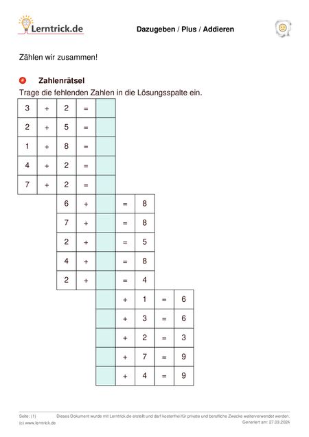 PDF Arbeitsblatt Dazugeben / Plus / Addieren 