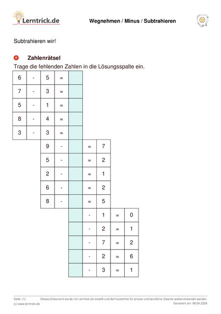 PDF Arbeitsblatt Wegnehmen / Minus / Subtrahieren 