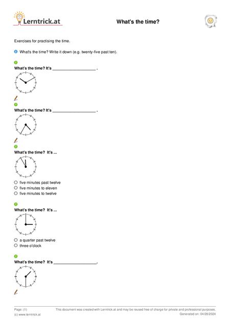 PDF exercise sheet What's the time? 
