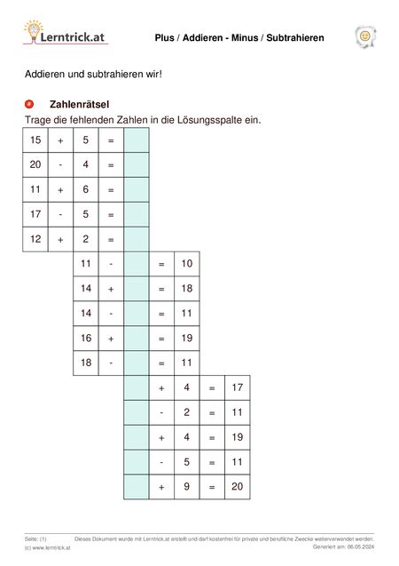 PDF Arbeitsblatt Plus / Addieren - Minus / Subtrahieren 