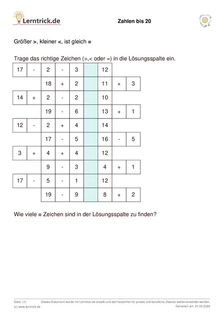PDF Arbeitsblatt Zahlen bis 20 