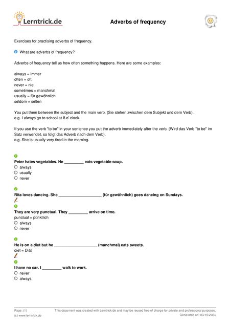 PDF exercise sheet Adverbs of frequency 