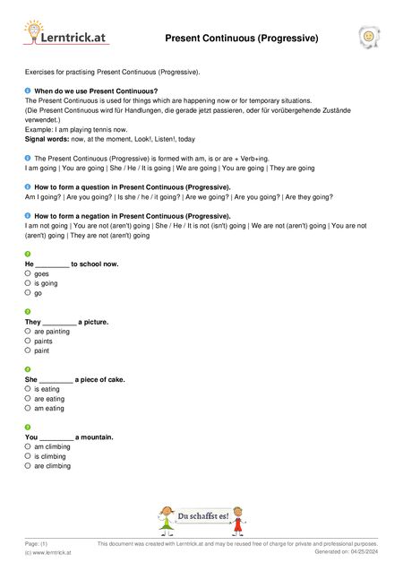 PDF exercise sheet Present Continuous (Progressive) 