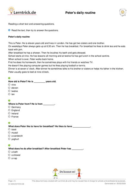 PDF exercise sheet Peter's daily routine 