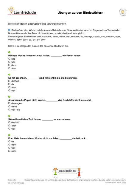 PDF Arbeitsblatt Übungen zu den Bindewörtern 