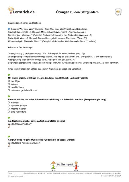 PDF Arbeitsblatt Übungen zu den Satzgliedern 