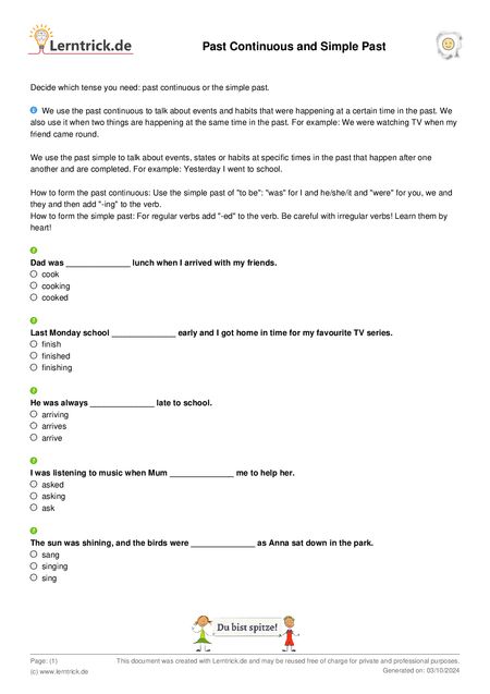 PDF exercise sheet Past Continuous and Simple Past 