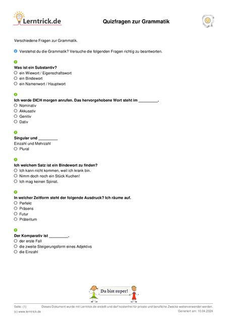 PDF Arbeitsblatt Quizfragen zur Grammatik 