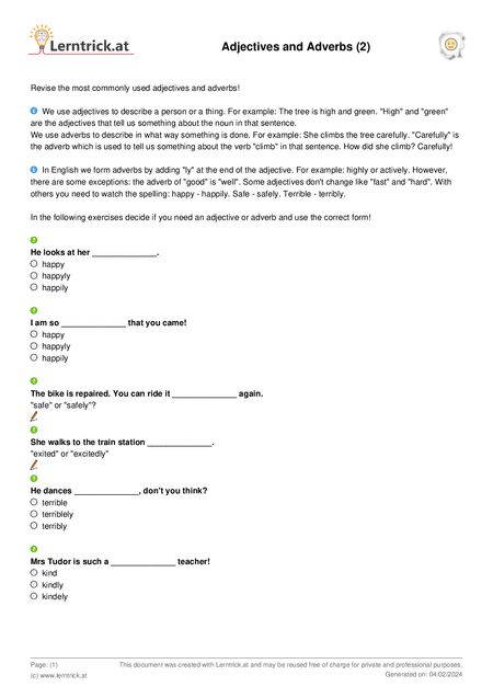 PDF exercise sheet Adjectives and Adverbs (2) 