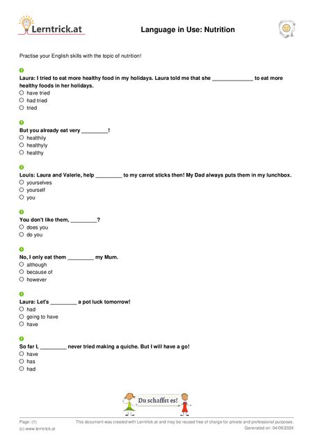 PDF exercise sheet Language in Use: Nutrition 