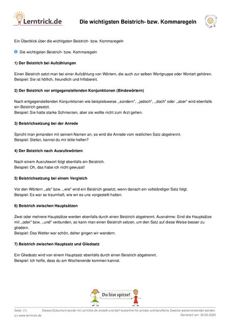 PDF Arbeitsblatt Die wichtigsten Beistrich- bzw. Kommaregeln 