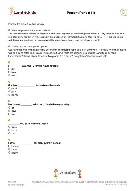 PDF exercise sheet Present Perfect (1) 