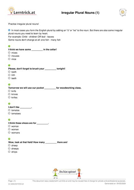 PDF exercise sheet Irregular Plural Nouns (1) 