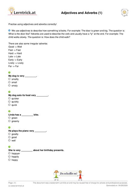 PDF exercise sheet Adjectives and Adverbs (1) 