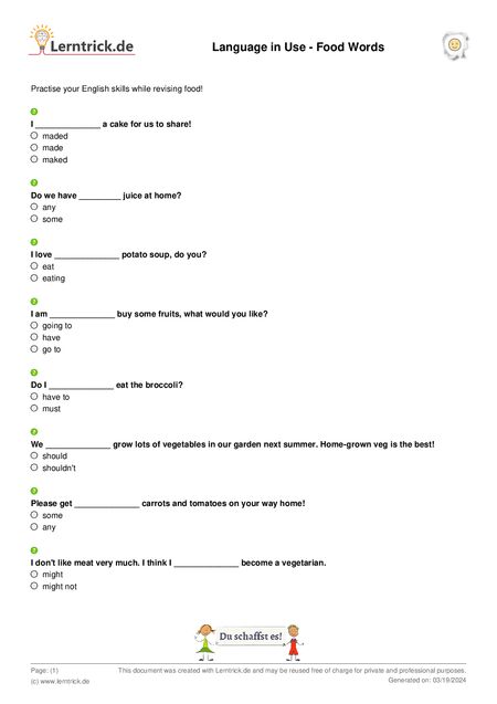 PDF exercise sheet Language in Use - Food Words 