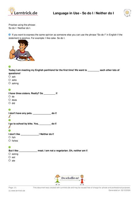 PDF exercise sheet Language in Use - So do I / Neither do I 