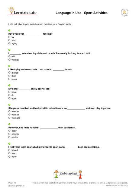 PDF exercise sheet Language in Use - Sport Activities 