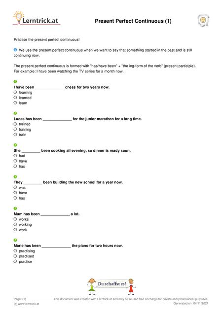 PDF exercise sheet Present Perfect Continuous (1) 