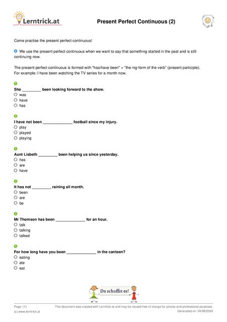 PDF exercise sheet Present Perfect Continuous (2) 