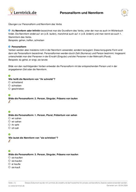 PDF Arbeitsblatt Personalform und Nennform 