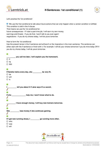 PDF exercise sheet If-Sentences: 1st conditional (1) 