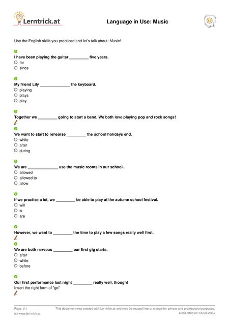 PDF exercise sheet Language in Use: Music 