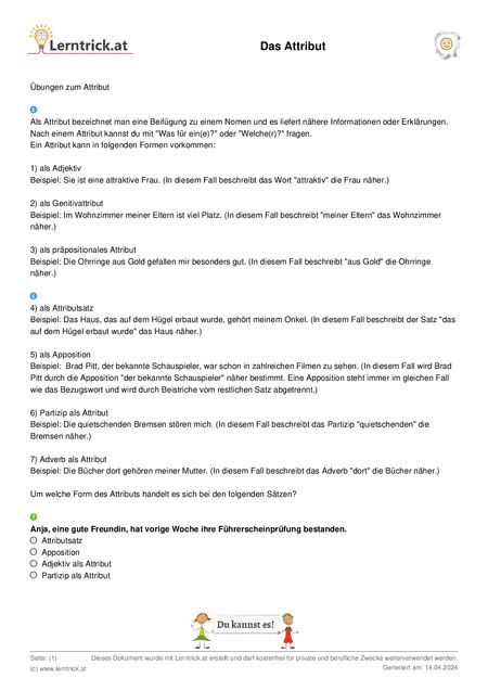 PDF Arbeitsblatt Das Attribut 