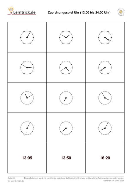 PDF Arbeitsblatt Zuordnungsspiel Uhr (12:00 bis 24:00 Uhr) 