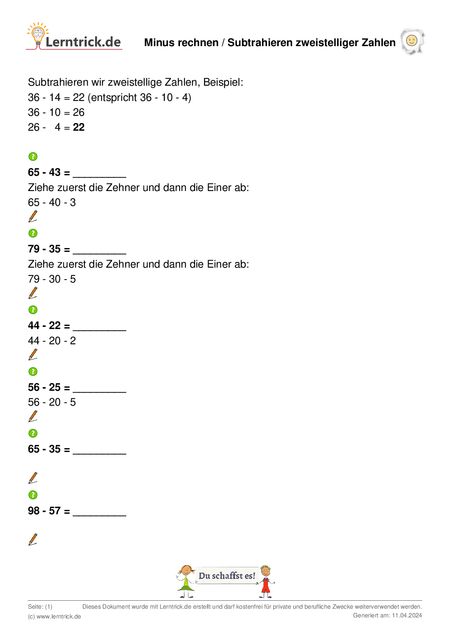 PDF Arbeitsblatt Minus rechnen / Subtrahieren zweistelliger Zahlen 
