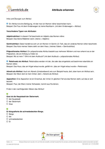 PDF Arbeitsblatt Attribute erkennen 