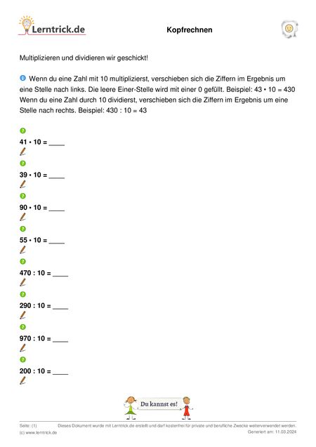 PDF Arbeitsblatt Kopfrechnen 