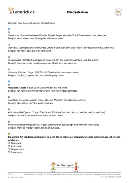 PDF Arbeitsblatt Gliedsatzarten 
