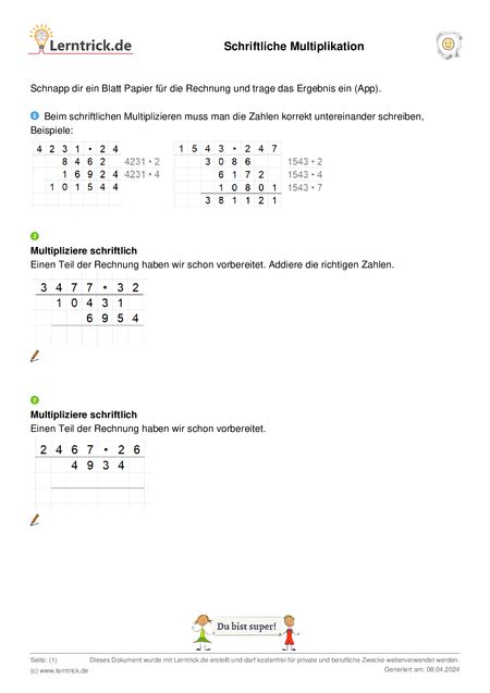 PDF Arbeitsblatt Schriftliche Multiplikation 