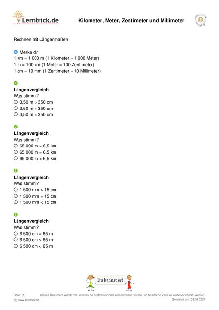 PDF Arbeitsblatt Kilometer, Meter, Zentimeter und Millimeter 