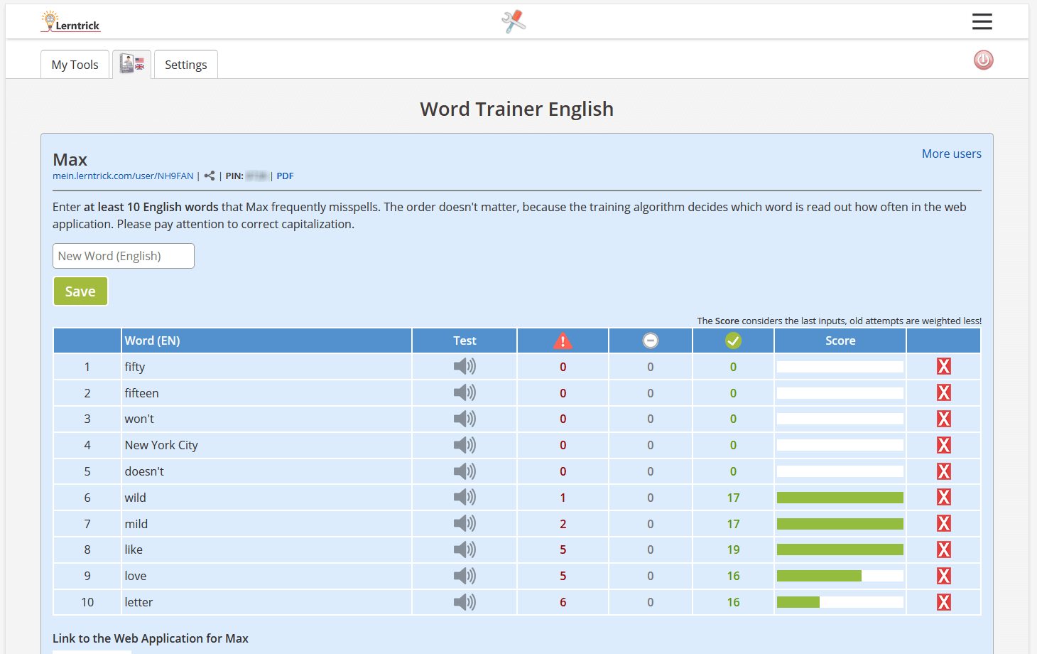 Overview of the word trainer with word list and statistics