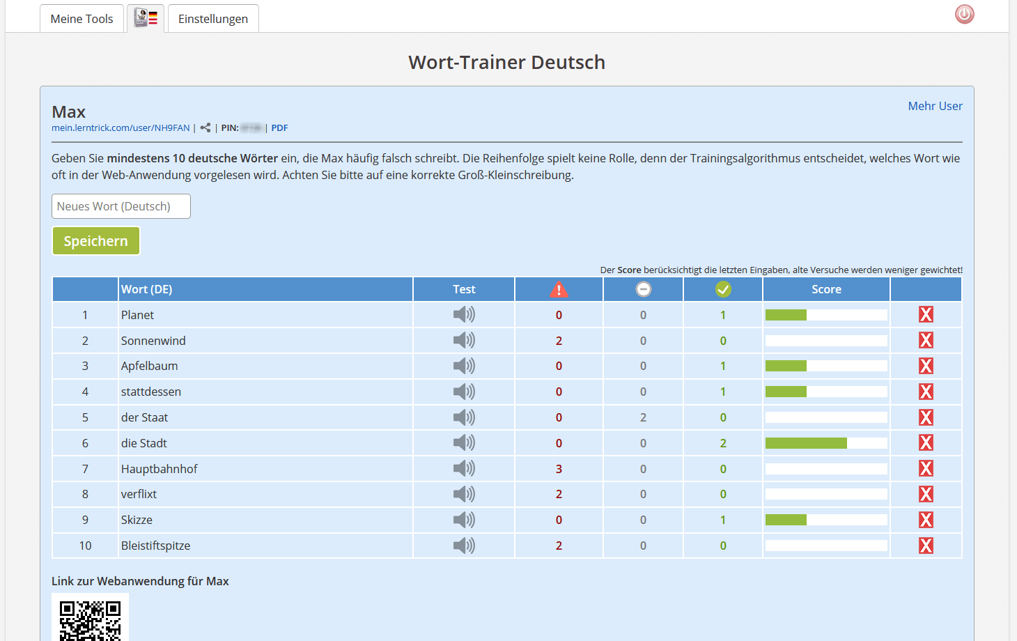 Übersicht des Wort-Trainers mit Wortliste und Statistiken