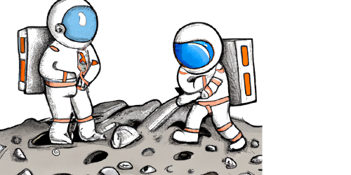 Zwei Astronauten kauten und kauten während sie graue Steine klaubten.